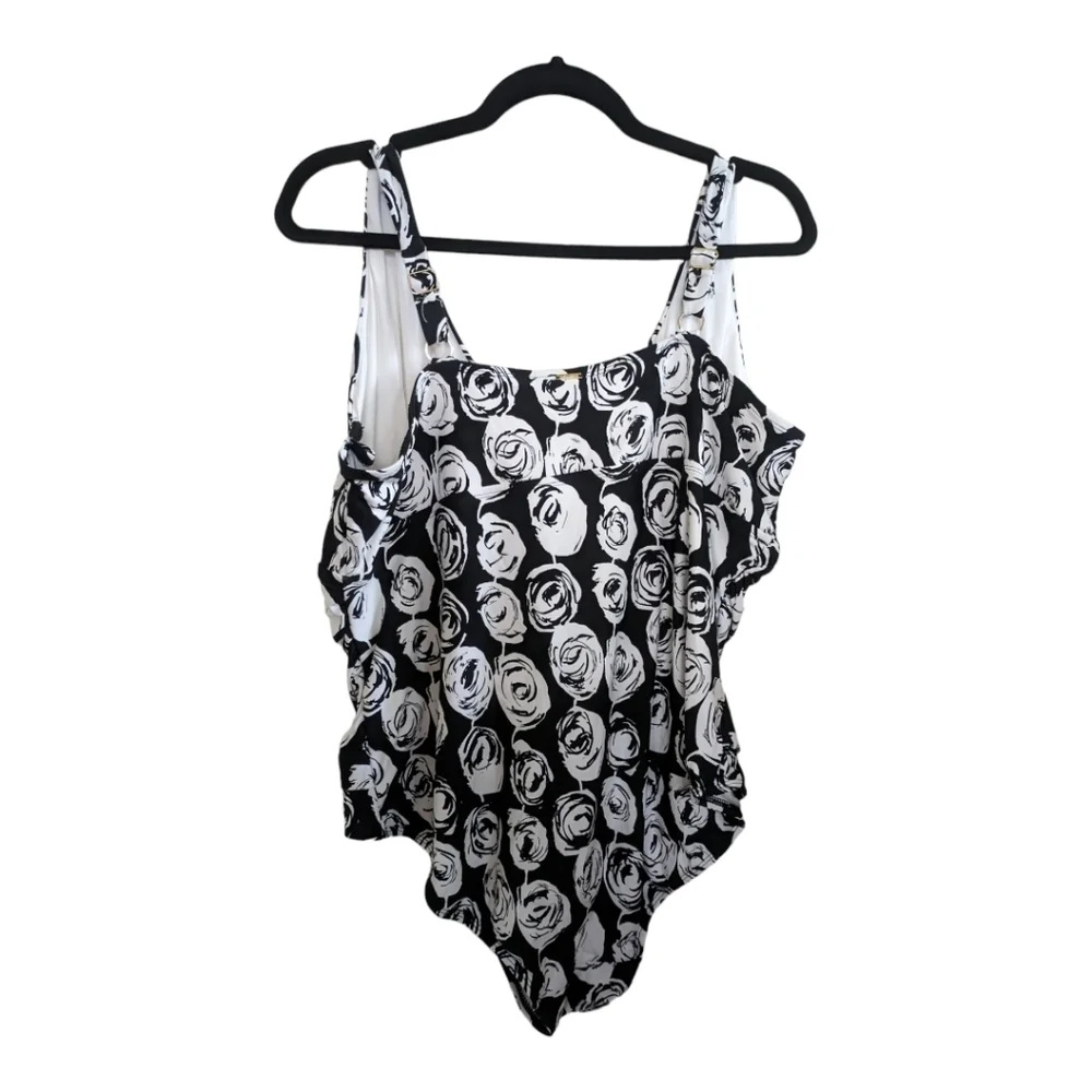 Anne Cole Black & White Rose One Piece Swimsuit Size 24W EUC